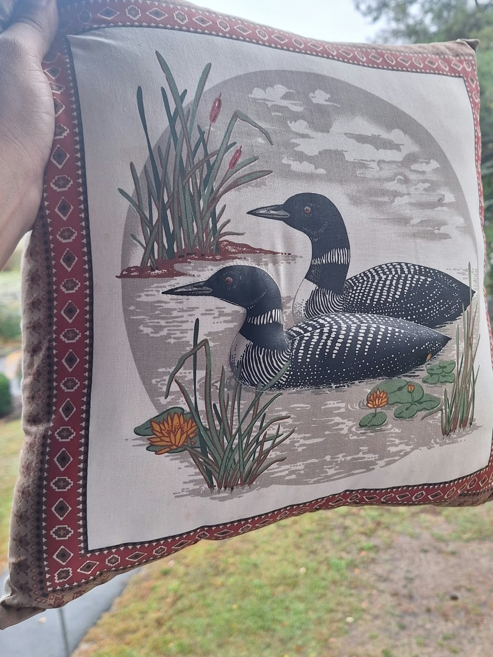 Vintage Loon Print Throw Pillow - Cream and Black